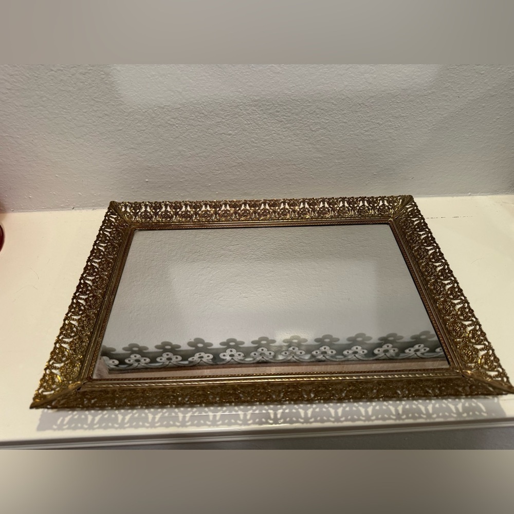 Vintage Ornate Ormolu Gold Filigree Mirrored Vanity Tray